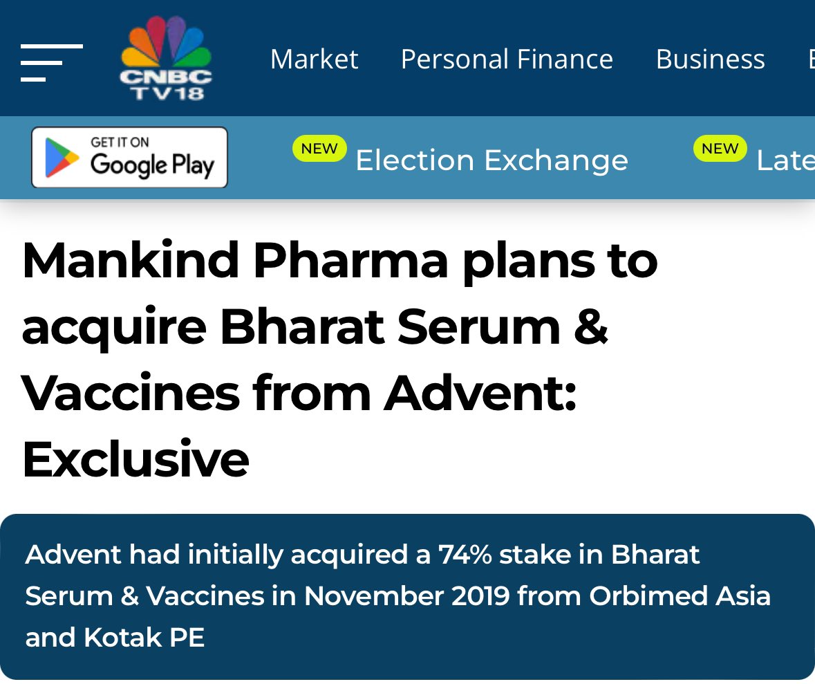 🩺⚕️🏥💉💊 Advent is seeking a valuation of $2 billion for its stake in Bharat Serum & Vaccines Advent currently owns 100% stake in Bharat Serum & Vaccines and is now looking for an exit, according to the sources. cnbctv18.com/market/mankind…