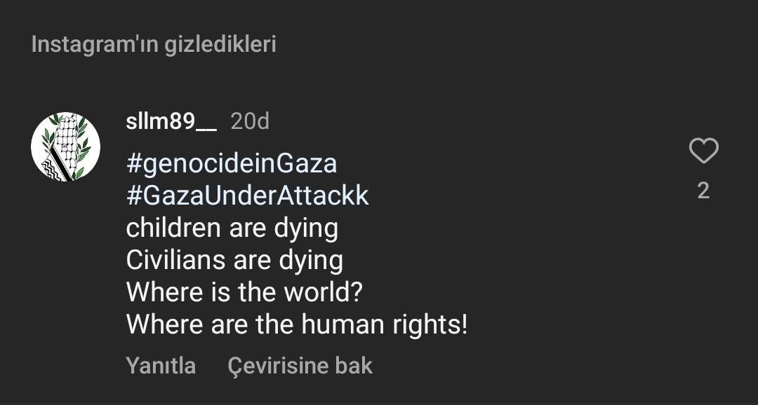 Instagram'ın kural dışı ve tehlikeli bulup kısıtladığı yorumlardan yalnızca biri. Gazze ile ilgili her türlü paylaşım ve yoruma müdahale ediliyor. #GenocideinGaza etiketi kullandığımızda @derintarih 'in hesabı da topluluk kurallarına uymadığı ve inceleneceği uyarısı almıştı +