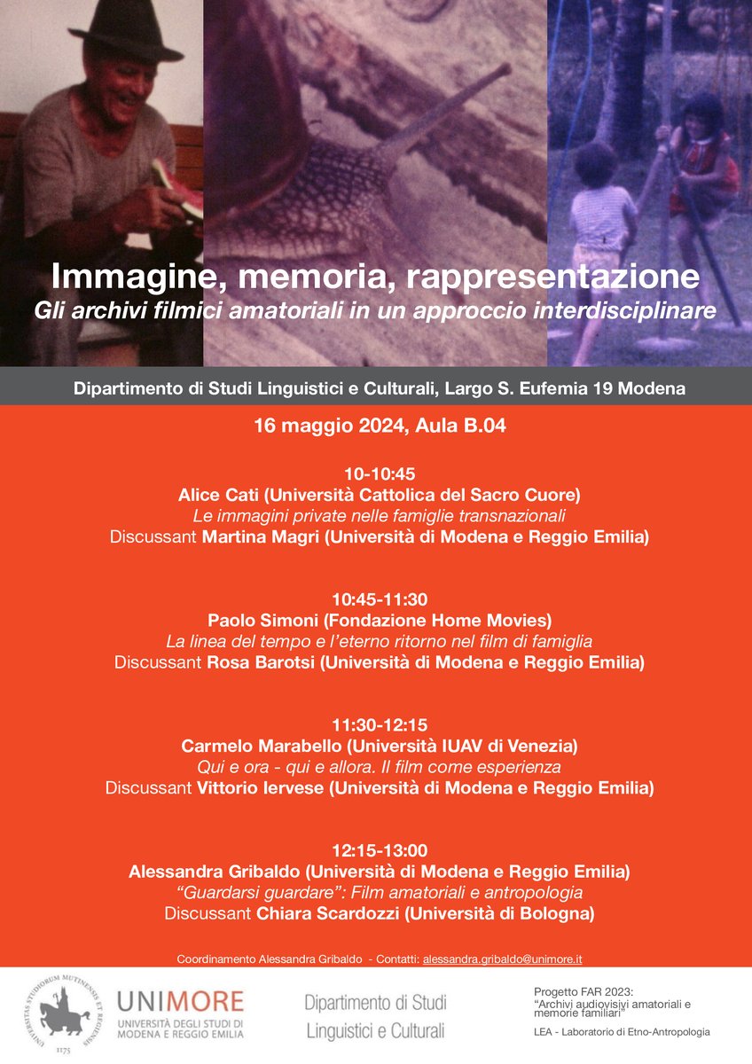 Il 16 maggio alle ore 10.00 presso il Dipartimento di Studi Linguistici e Culturali a Modena (l'Aula B 0.4), si terrà la giornata di studi: “Immagine, memoria, rappresentazione. Gli archivi filmici amatoriali in un approccio interdisciplinare”