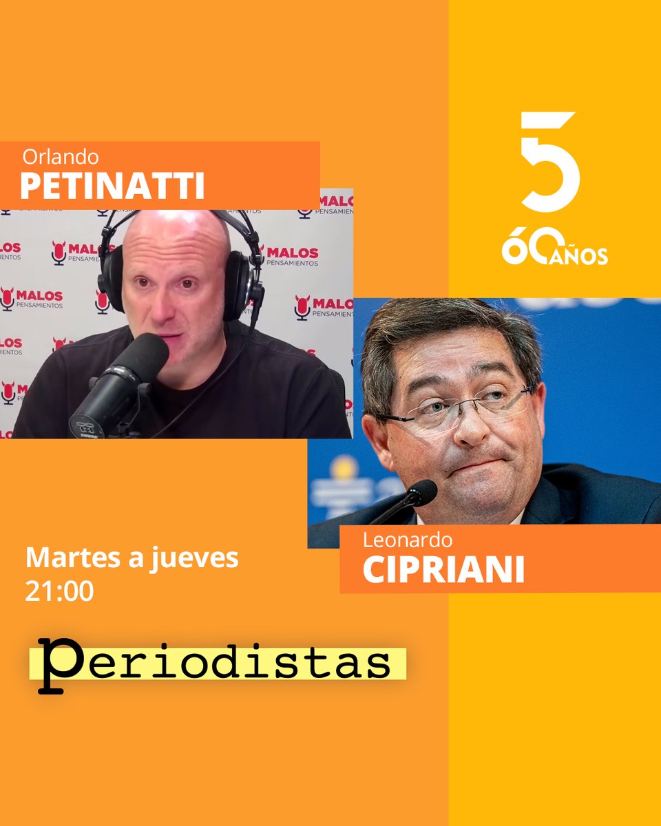 🎙️ Esta noche en <a href="/periodistastv5/">Periodistas - Toda la verdad</a>:

👉 Nos visita el comunicador <a href="/OPetinatti/">Orlando Petinatti</a>.
👉 Recibimos al exdirector de ASSE <a href="/LeoCipriani20/">Leonardo Cipriani</a>.

📺 21:00 con <a href="/jorgetraversojt/">Jorge Traverso</a>, Alfonso Lessa, <a href="/DiegoZas/">Diego Zas</a> y <a href="/maguipradop/">Magdalena Prado Pesce</a>