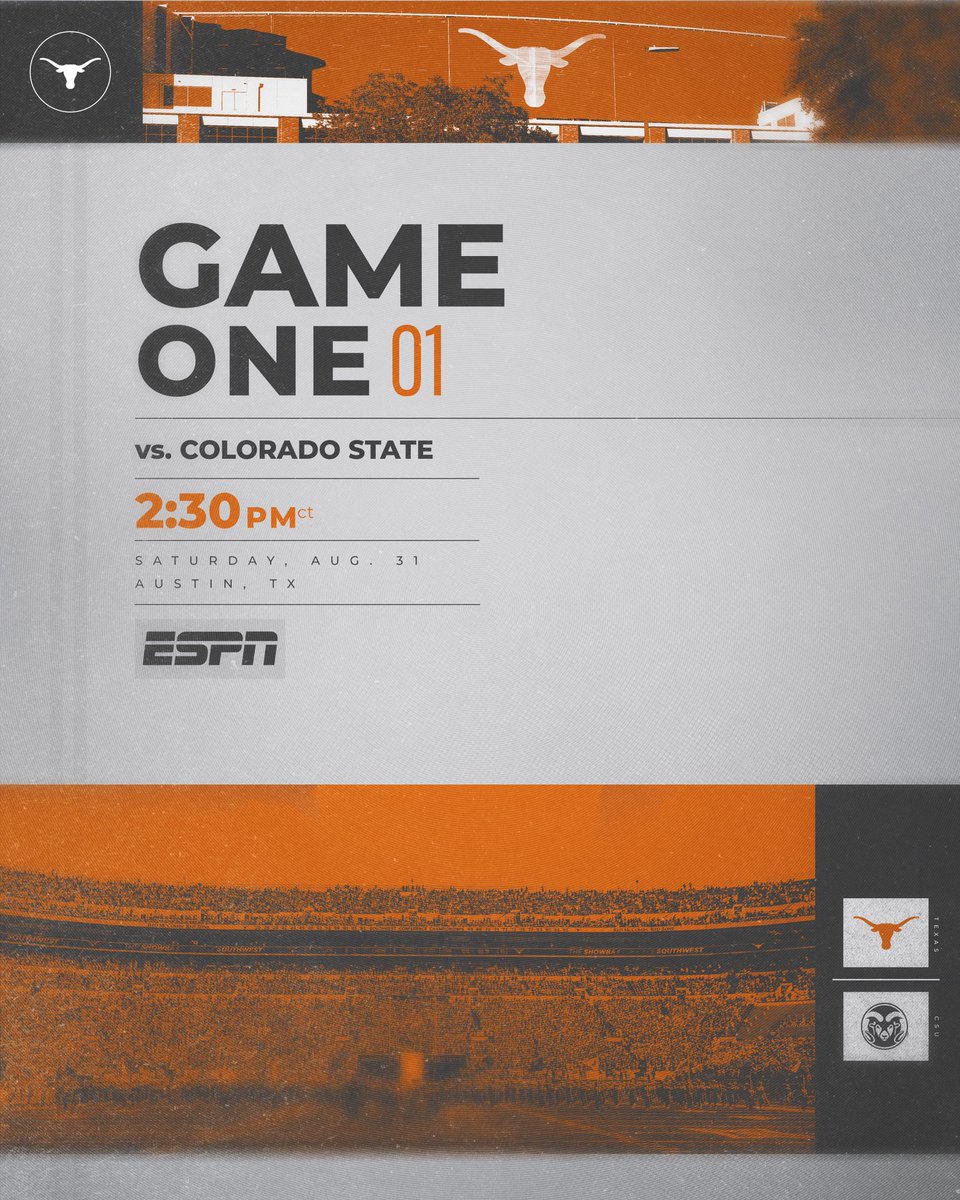 Week 1 kickoff time is set 🤘 🏈 Texas vs. Colorado State 📅 Saturday, Aug. 31 | 2:30 PM CT 📺 ESPN