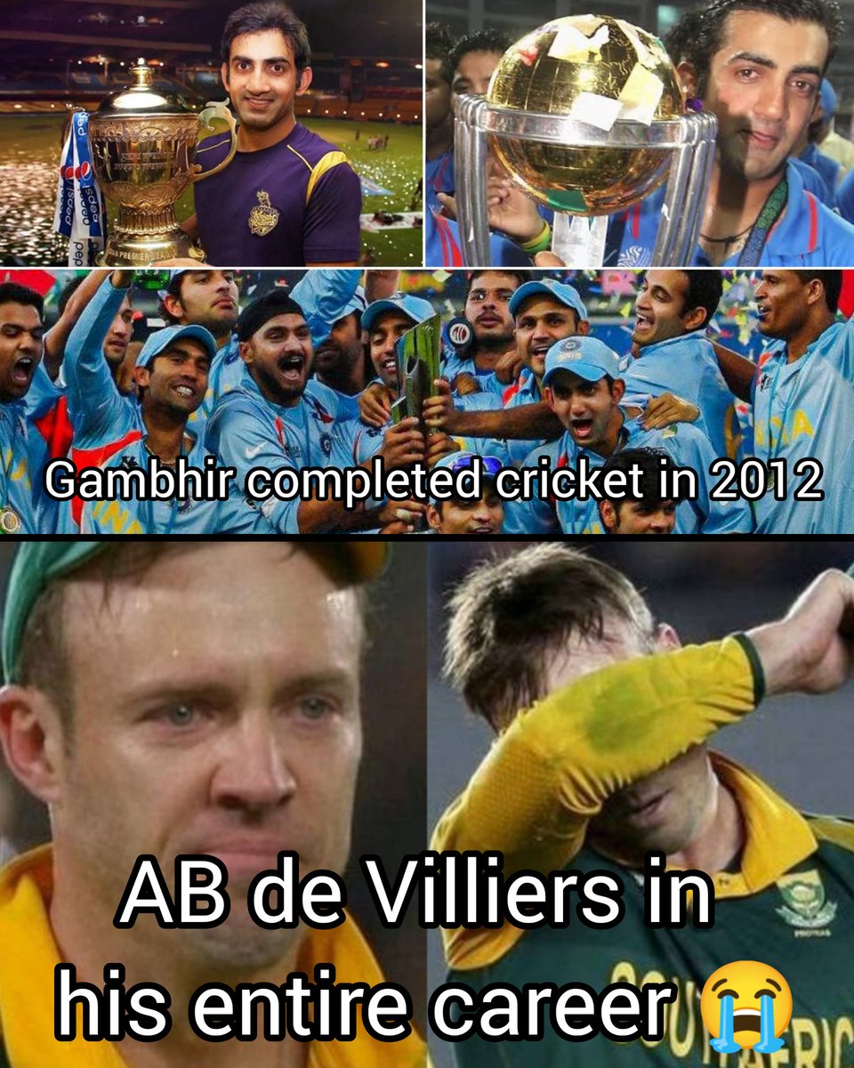 As some lockdown kid don't know who Gautam Gambhir is.

He is a man who completed his cricket with T20 wc, ODI WC and IPL till 2012

Whereas a choker from South Africa failed to win a single trophy in his entire career.

AB de Villiers is not even close to what Gauti is.