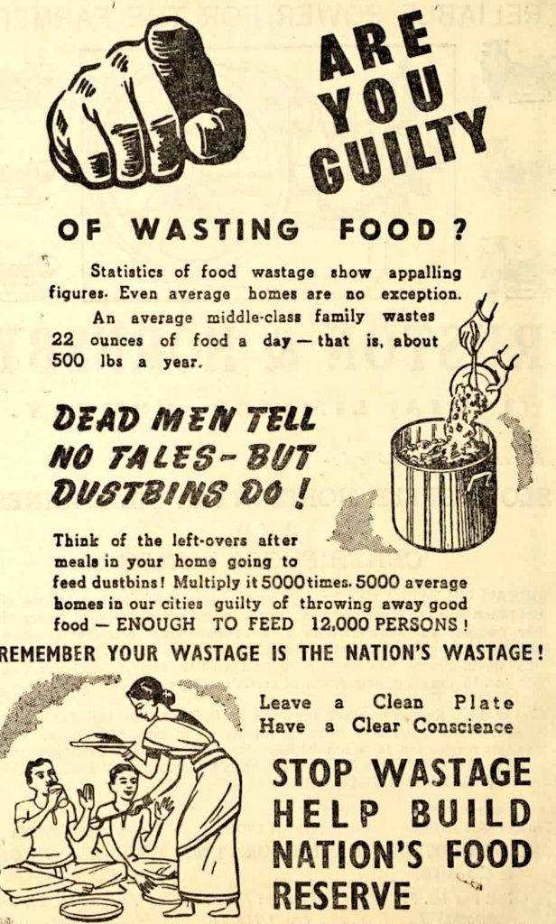 1950s :: Public Awareness Campaign to Stop Wastage of Food ' Dead Men Tell No Tales - But Dustbins Do ! ' ' Leave a Clean Plate , Have a Clear Conscience' ' Stop Wastage Help Build Nation's Food Reserve '
