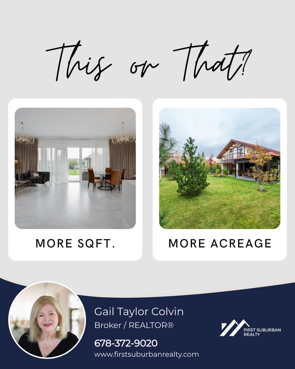 If you're thinking about buying a home, here is a fun question for you. Would you prefer a house with more space inside or a larger yard outside? Comment your answer below!

#firstsuburbanrealty #gailtaylorcolvin #ICameISawISold #sqft #acres #thisorthat #chooseone #favorite