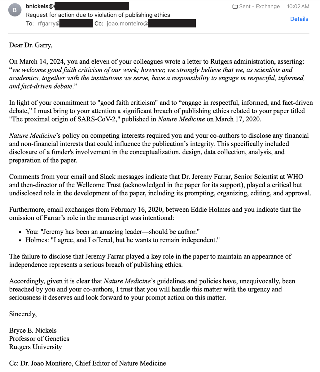 ***ANNOUNCEMENT*** Letter to Bob Garry regarding violation of publishing ethics for 'The proximal origin of SARS-CoV-2' At 10:02 AM EDT, I emailed Bob Garry requesting he acknowledge that he and his co-author's violated Nature Medicine's competing interests policy. (1/2)