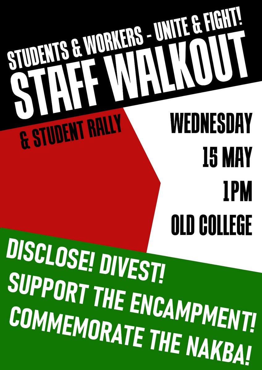 Join us at Old College tomorrow, 1pm, to support our brave students who are insisting there can be no business as usual while a genocide is continuing in #Gaza 
#CeasefireNOW