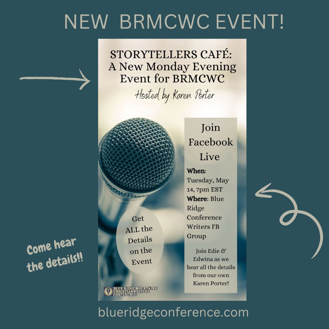 We're excited about our new event at the Blue Ridge Mountains Christian Writers Conference! We're adding a Storytellers Cafe.

Join in tonight, May 14, 2024 at 7 pm EST in our Blue Ridge Conference Writers Facebook Group.

#ChristianWritersConference #speaking #writing