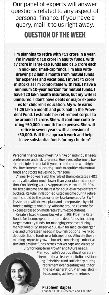 Is investing almost 100% of assets in #equities a good strategy? 

My reply to one such query in yesterday’s ET Wealth 

#personalfinance #retirementplanning #retirement