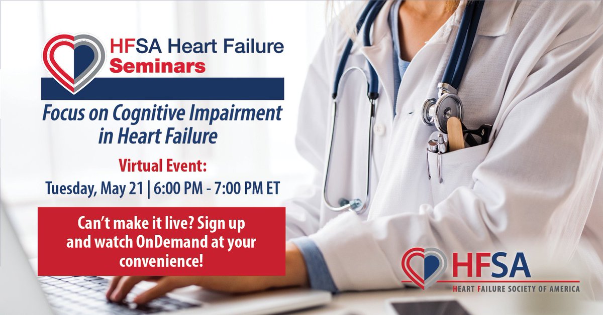 We're 1️⃣ week away from the next HF Seminar on cognitive impairment featuring an open discussion and Q&A session with @EiranGorodeski, @ParagGoyalMD, @kofi_larry, @robdeedo and Connie White-Williams, PhD, RN. Register now for live access and OnDemand: hfsa.org/heart-failure-…