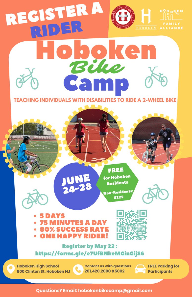There are still a few spots available for the Hoboken Family Alliance's Hoboken Bike Camp which teaches children with disabilities how to ride a bike. Register: forms.gle/e7UfBNkeMGinGi…