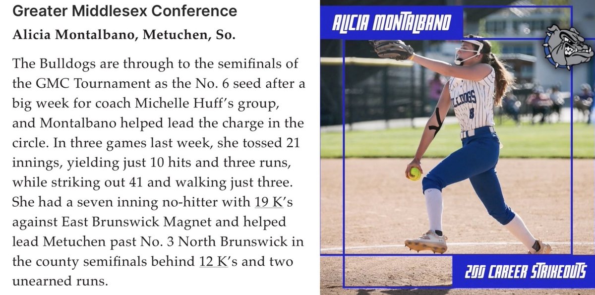 “Softball Players of the Week in every Conference for May 13”@HSSportsNJ 

A HUGE SHOUTOUT to Metuchen’s Own, Sophomore, Pitcher, Alicia Montalbano on earning Player of the Week for the GMC!🙌 @Alicia_Softball LET’S KEEP ROLLING!🔥
#metuchensoftball 🐾🥎💙 #ALLin