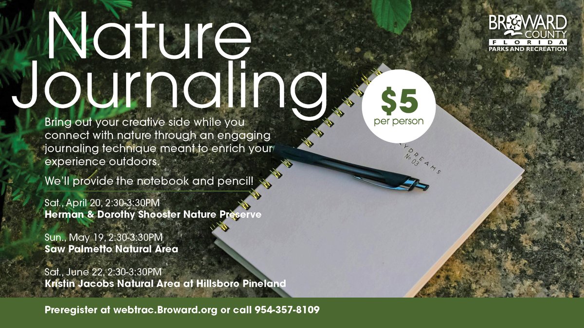 Connect your love of nature with your creative side! Come to Saw Palmetto Natural Area this Sunday, 2:30-3:30 to learn journaling techniques meant to enrich your outdoor experience. $5/person. Journal and pencil included! Preregister at webtrac.Broward.org