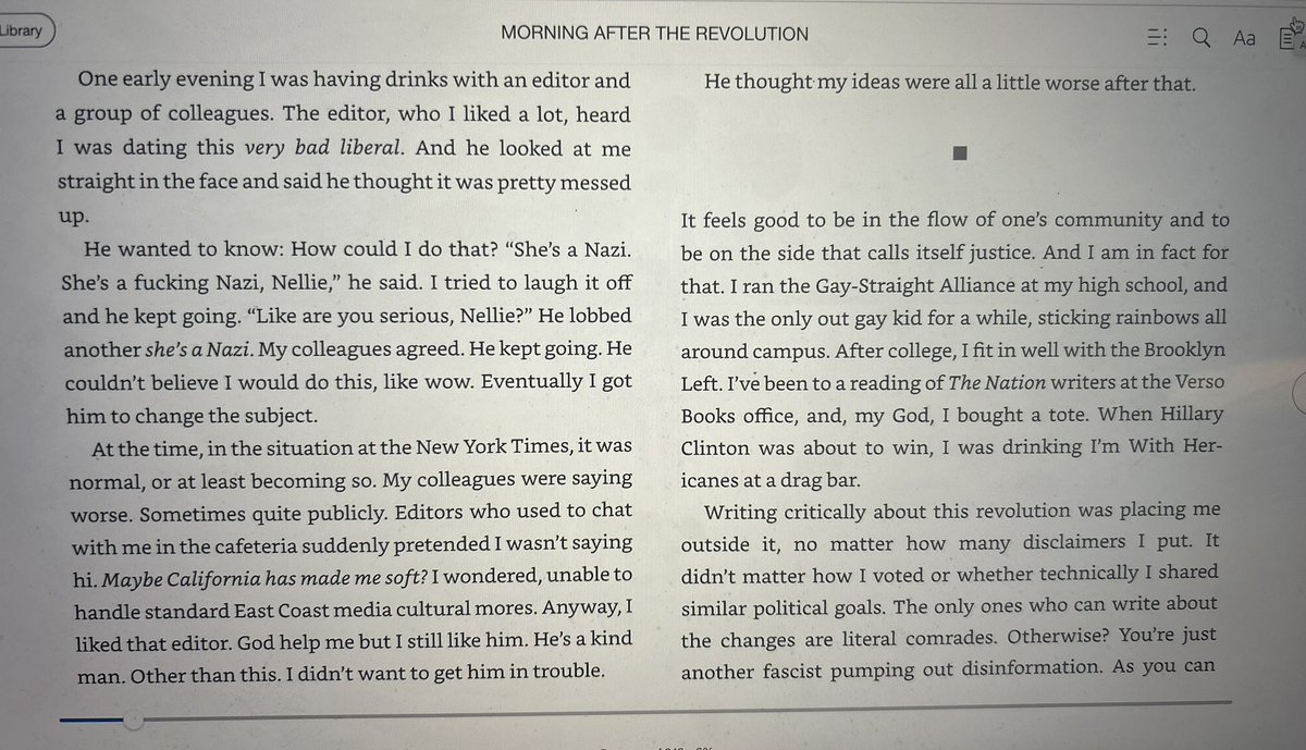 Striking passage from @NellieBowles’s Morning After the Revolution, out today: NYT colleague (an editor) calls her partner, @bariweiss, a “F-ing Nazi.”