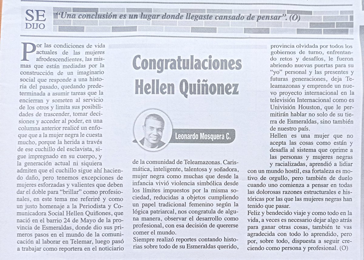 Leonardo Mosquera Congo (@leomosquera10) on Twitter photo Rindo homenaje a <a href="/Hellenquinonez/">Hellen Quiñonez</a>
Mi gente bella afrodescendiente, debe tomar conciencia y despertar, porque el problema es cultural e histórico desde la esclavitud,q se trata de una filosofía que le metieron a la gente en la psiquis que debe ser toda la vida pobre. <a href="/AVAstudillo/">Alberto Astudillo B.</a> Rindo homenaje a <a href="/Hellenquinonez/">Hellen Quiñonez</a>
Mi gente bella afrodescendiente, debe tomar conciencia y despertar, porque el problema es cultural e histórico desde la esclavitud,q se trata de una filosofía que le metieron a la gente en la psiquis que debe ser toda la vida pobre. <a href="/AVAstudillo/">Alberto Astudillo B.</a>