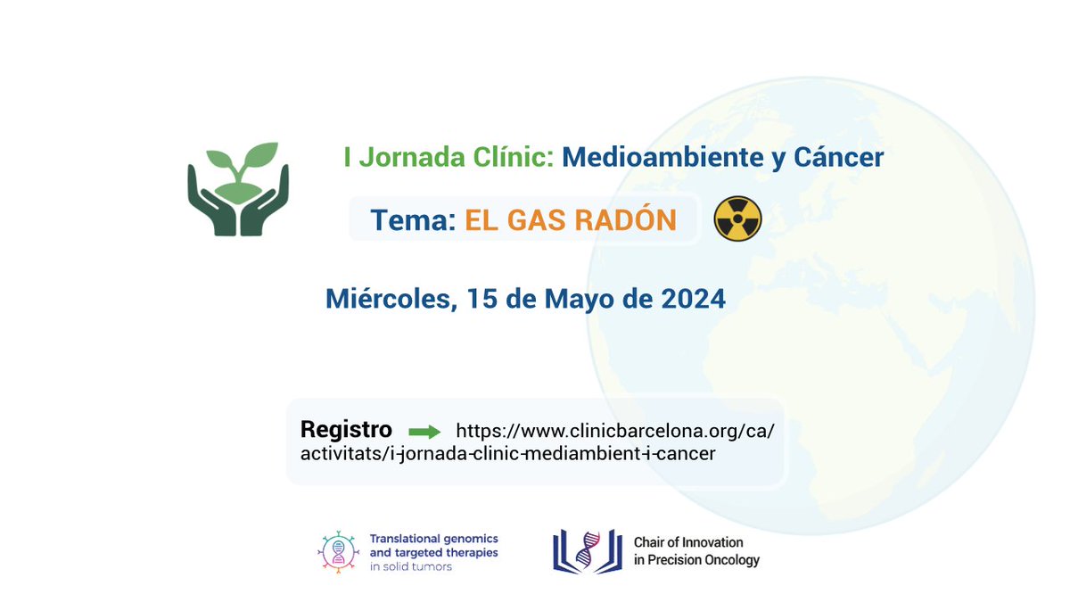 🔵 Desde @AEACaP te invitamos a asistir a la I 'Jornada de medioambiente y #cáncer: el gas radón', del @hospitalclinic ➡️ Expertos hablarán de su impacto sobre la #salud 🗓️ 15 de mayo 🕕 18h 📍 Sala Farreras Valentí ℹ️ bit.ly/AEACaP-Jornada… @LauraMezquitaMD @StephanieDaRo