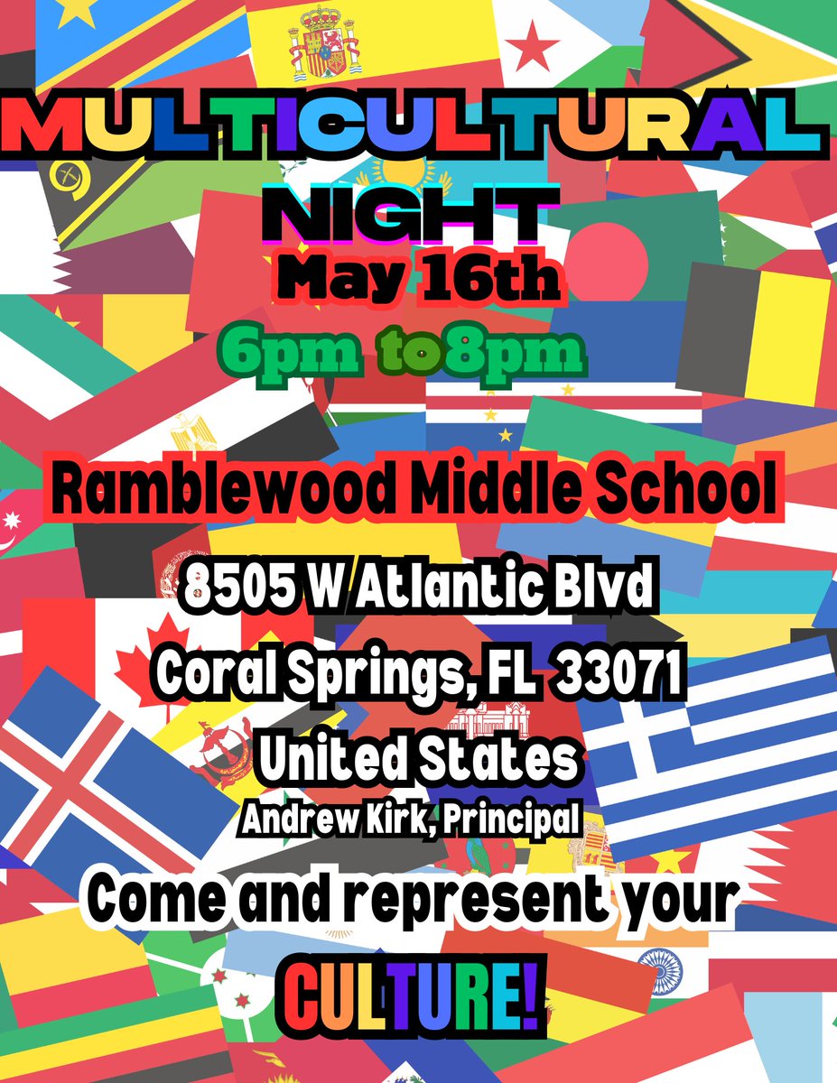 Get Ready Get Ready! Multicultural Night at Ramblewood Middle School @raiderprincipal @RMSnationap @BCPSNorthRegion @HowardHepburn @DrFlem71 @BCPSStudentServ @MTLBCPS1 @ABurgessEdu @CoralSpringsFL @Coralspringsfla