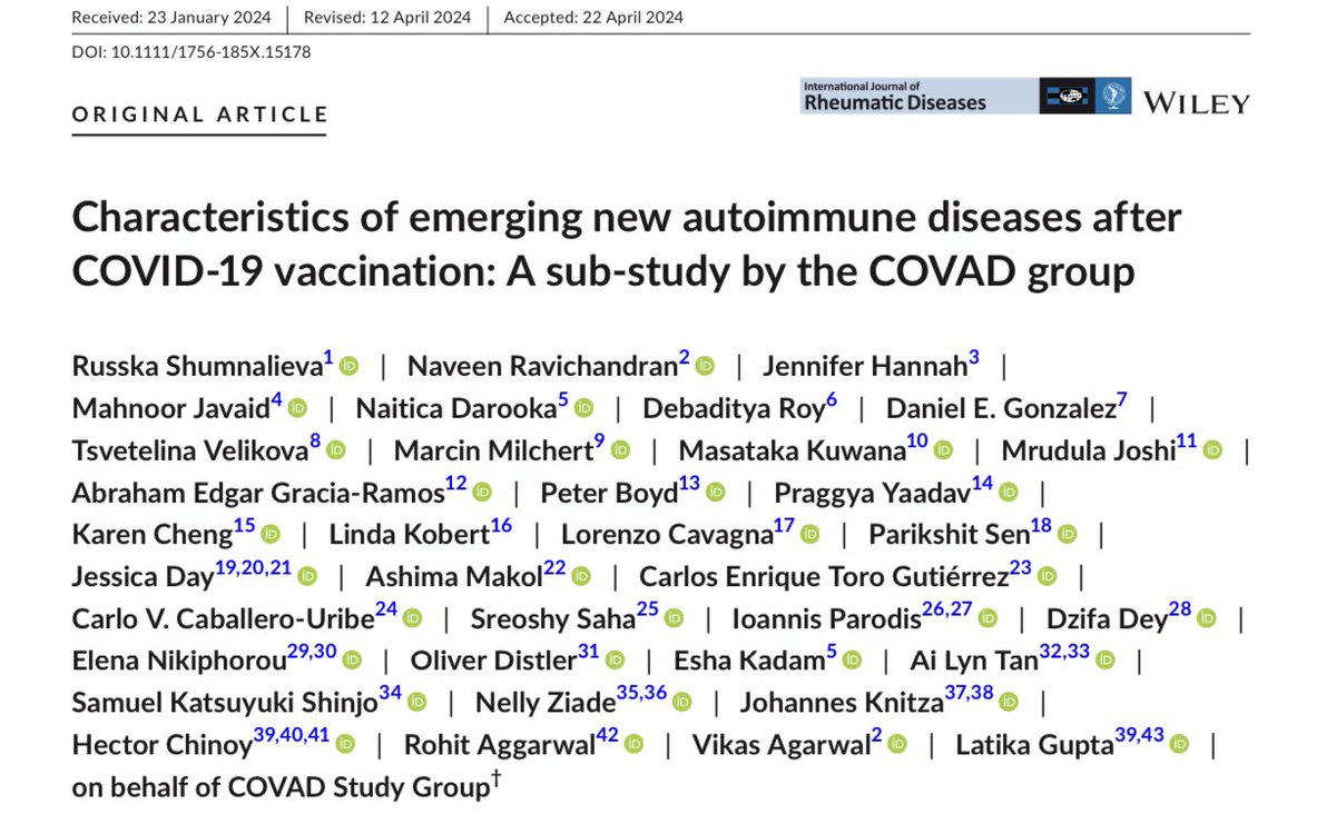 Characteristics of emerging new autoimmune diseases after COVID‐19 vaccination: A sub‐study by the @CoVADStudy group Via International Journal of Rheumatic Diseases Congratulations friends 🥳🎉👏🏼 onlinelibrary.wiley.com/doi/full/10.11…