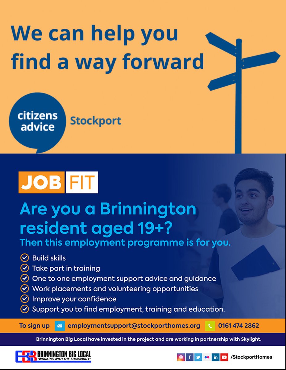 Our Citizens Advice advisor will be at the Hub tomorrow to assist with all your issues with the drop-in starting at 11.30am. Our JobFit advisor will be in the Hub all day too, providing one-to-one support, training opportunities & work placements. @ageuk_stockport @SMBC_Community