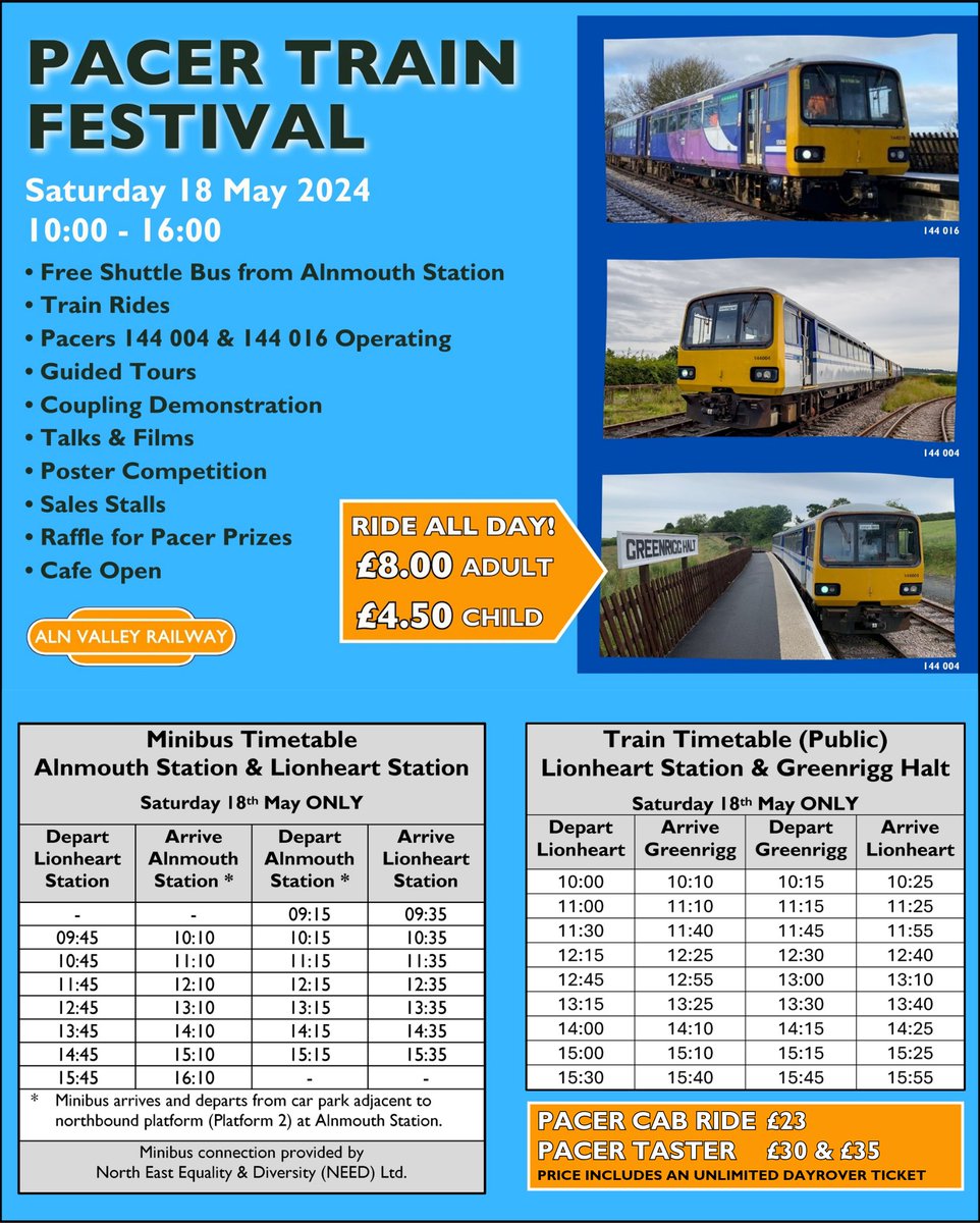Our Pacer team are running a 'Pacer Festival' on the 18th May between 10am and 4pm, where both of our Pacer units will be in service. Ride all day with up to 9 return trips for just £8 per Adult and £4.50 per child. alnvalleyrailway.co.uk/tickets #Pacer #DMU #Northumberland