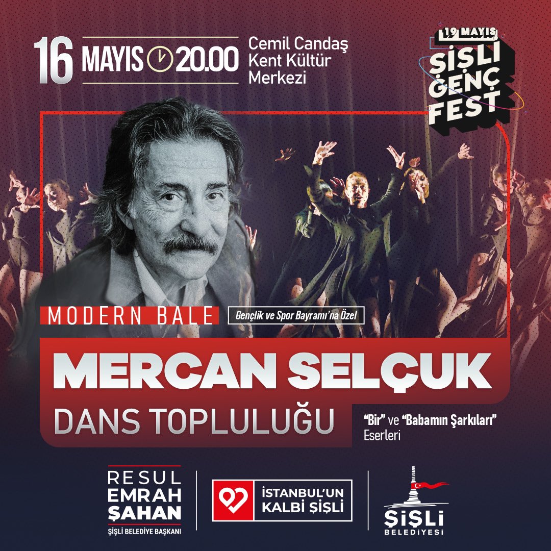 Mercan Selçuk Dans Topluluğu, 'Bir' ve 'Babamın Şarkıları' eserlerini 19 Mayıs Atatürk'ü Anma Gençlik ve Spor Bayramı'na özel sahneleyecek. Tüm yurttaşlarımızı bekliyoruz. 📅16 Mayıs Perşembe ⏰20.00 📍Cemil Candaş Kent Kültür Merkezi