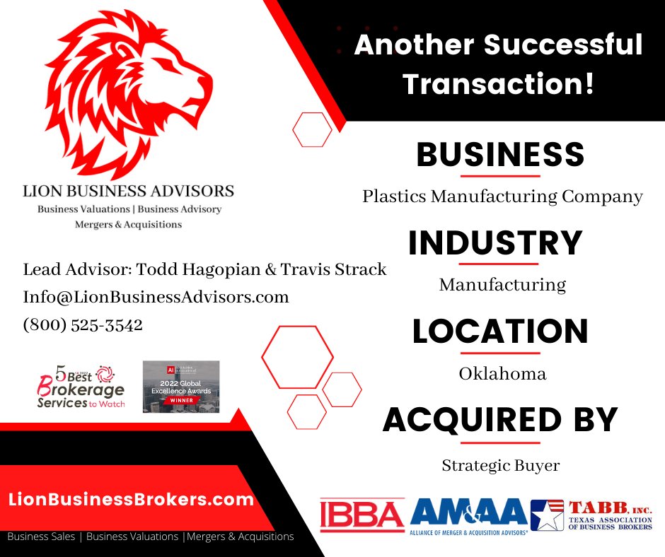 Congratulations to @ToddHagopian & @LionBizBrokerTS and their clients on another successful transaction!  @BestOKBizBroker
#ExitStrategy #MergersandAcquictions #Manufacturing #SOLD #BusinessExit #BusinessBroker #BusinessSales