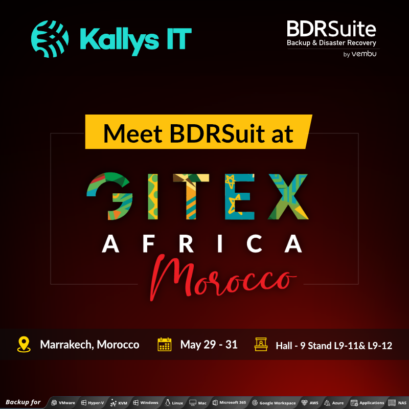 News Alert! 🚀#BDRSuite and our partner KALLYS - IT & Cybersecurity Managed Services are excited to be part of #GITEXAfrica 2024, held at , #Morocco, from May 29-31, 2024. Meet our BDRSuite Team at Hall 09 - Stand L9- 11&12 to discover our cost-effective #backup solutions.