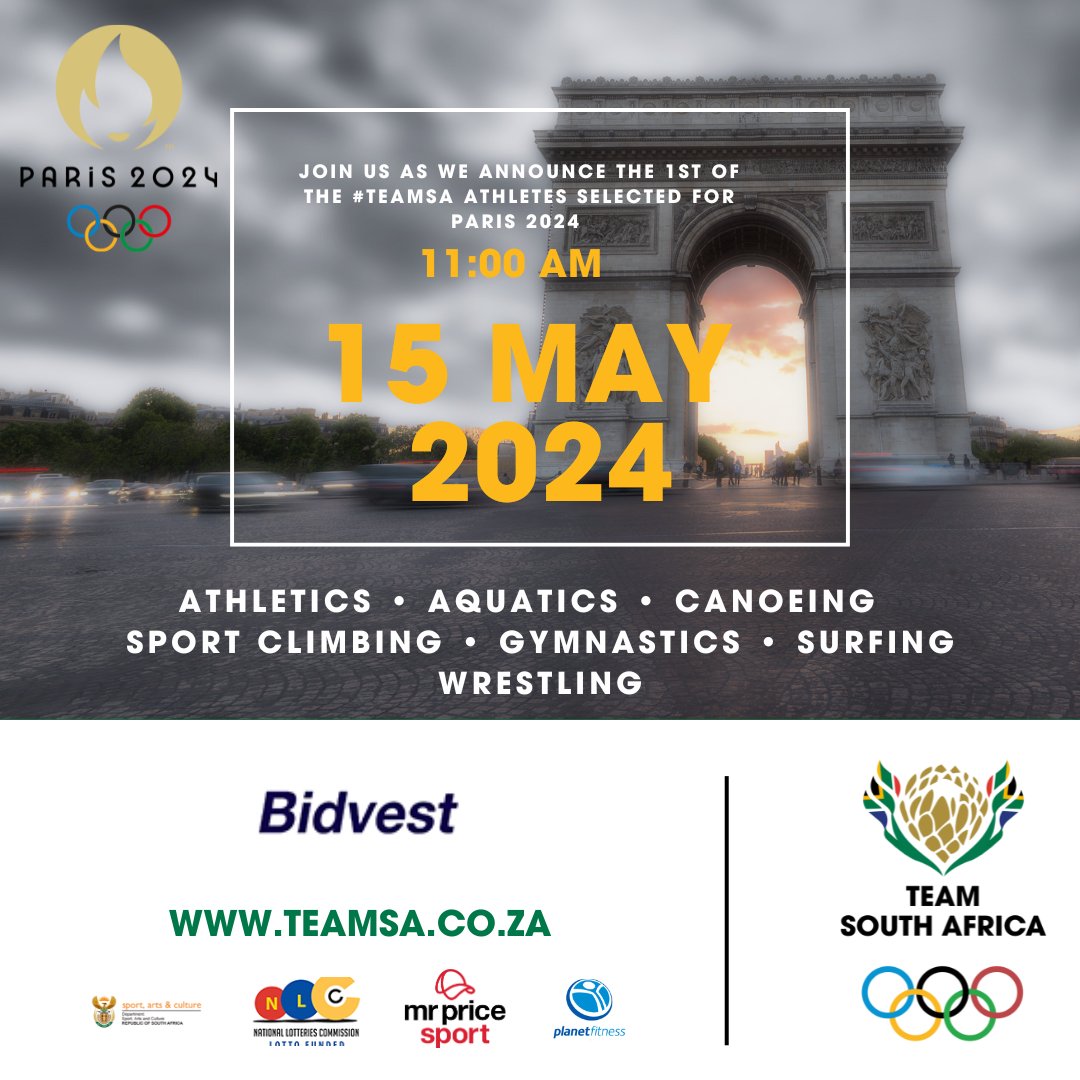 🚨 Tomorrow at 11:00 AM, join us for the live announcement of the 1st #TeamSA athletes heading to #Paris2024! 🇿🇦🏅
📺 Live on our Facebook page.
Sports include:
Athletics
Aquatics
Canoeing
Sport Climbing
Gymnastics
Surfing
Wrestling
#ForMyCountry