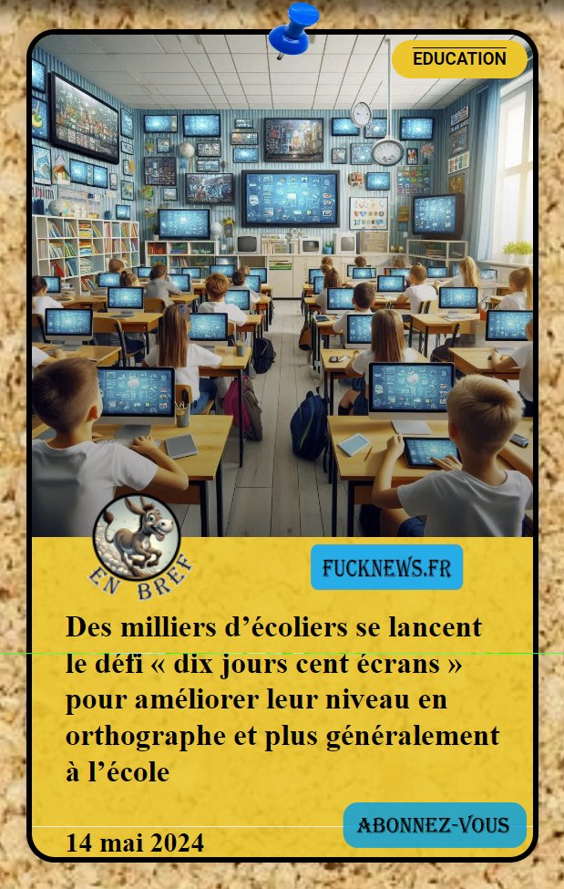 Des milliers d’écoliers se lancent le #défi « dix jours cent écrans » pour améliorer leur niveau en #orthographe et plus généralement à l’#école

L'article sur bit.ly/3BpAdZO

#humour #éducationnationale #greve #greve14mai #ecran #addiction #telephone #belloubet