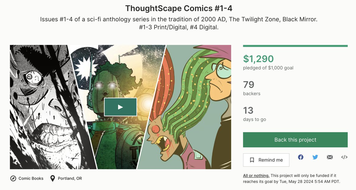 Comics folks and sci-fi fans on the east coast! ThoughtScape is live on @KickstarterRead! Help us hit 80 backers and $1300 this morning and start week two strong!