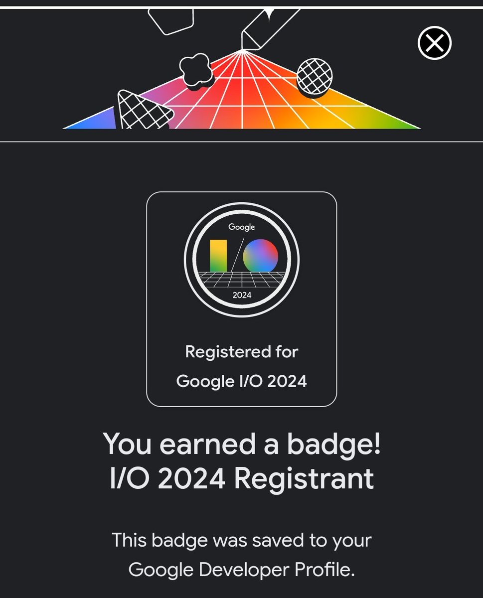 Nicht vergessen heute um 19h 

Developer conference #GoogleIO

I registered for Google I/O 2024 and earned a badge! Join me! #DevBadges #GoogleIO developers.google.com/profile/badges…