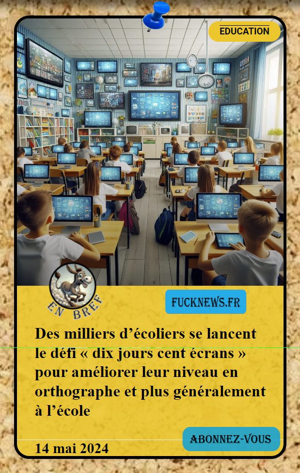 Des milliers d’écoliers se lancent le #défi « dix jours cent écrans » pour améliorer leur niveau en #orthographe et plus généralement à l’#école

L'article sur bit.ly/3BpAdZO

#humour #éducationnationale #greve #greve14mai #ecran #telephone #belloubet #jeudiphoto