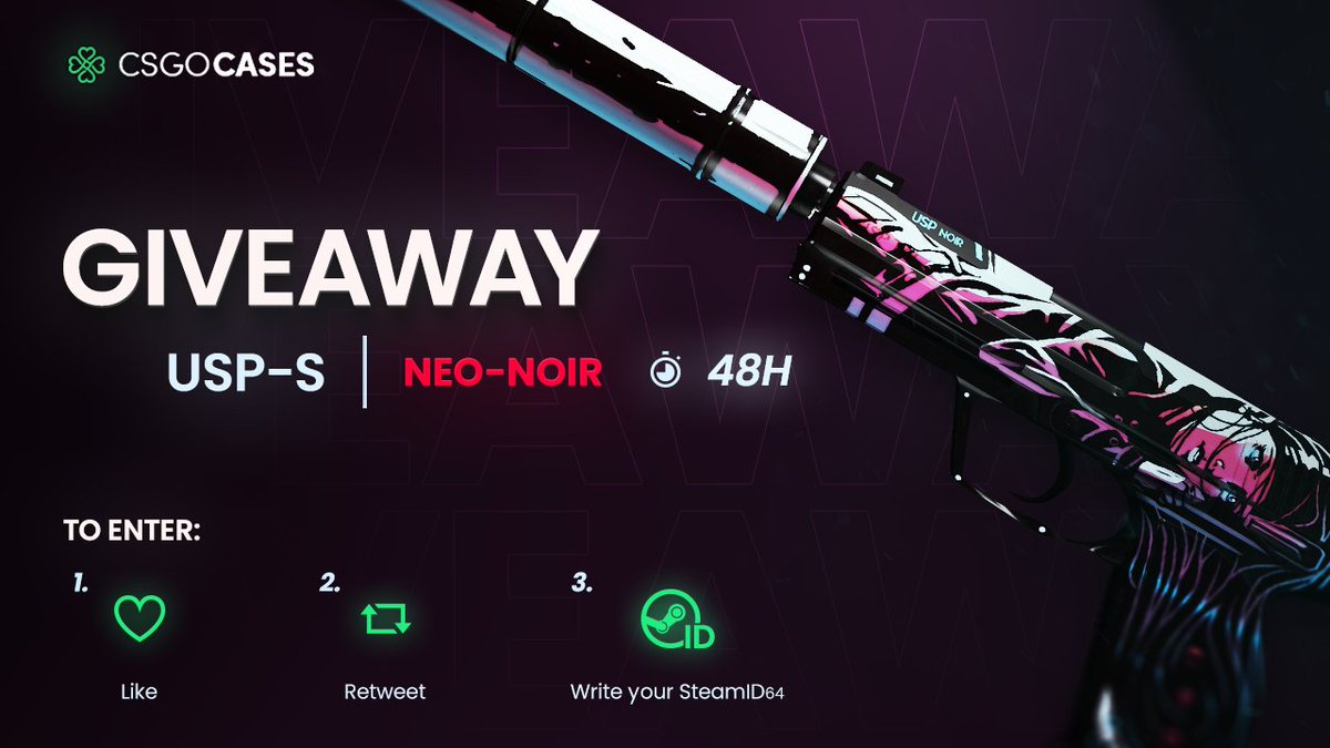 💥USP-S | Neo-Noir (FT) GIVEAWAY!💥
How to Enter:     
💗Like
🔁Retweet
✍️Write your SteamID64

🎁Winner will be announced after 48h⏰

#cs2giveaways #cs2skins #csgocases #cs2skinsgiveaway #cs2community #giveaway #CS2Giveaway #CS2 #CounterStrike2 #CS2