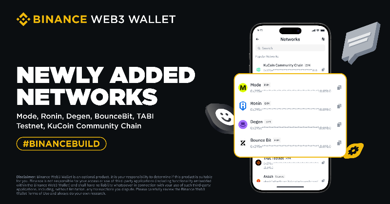 BinanceWallet's tweet photo. Change is in the air at #BinanceWeb3Wallet and we've just integrated 7 new chains!

Easily access these new networks, including BounceBit, Mode and TABI Testnet via the wallet.

Get started ⤵️
