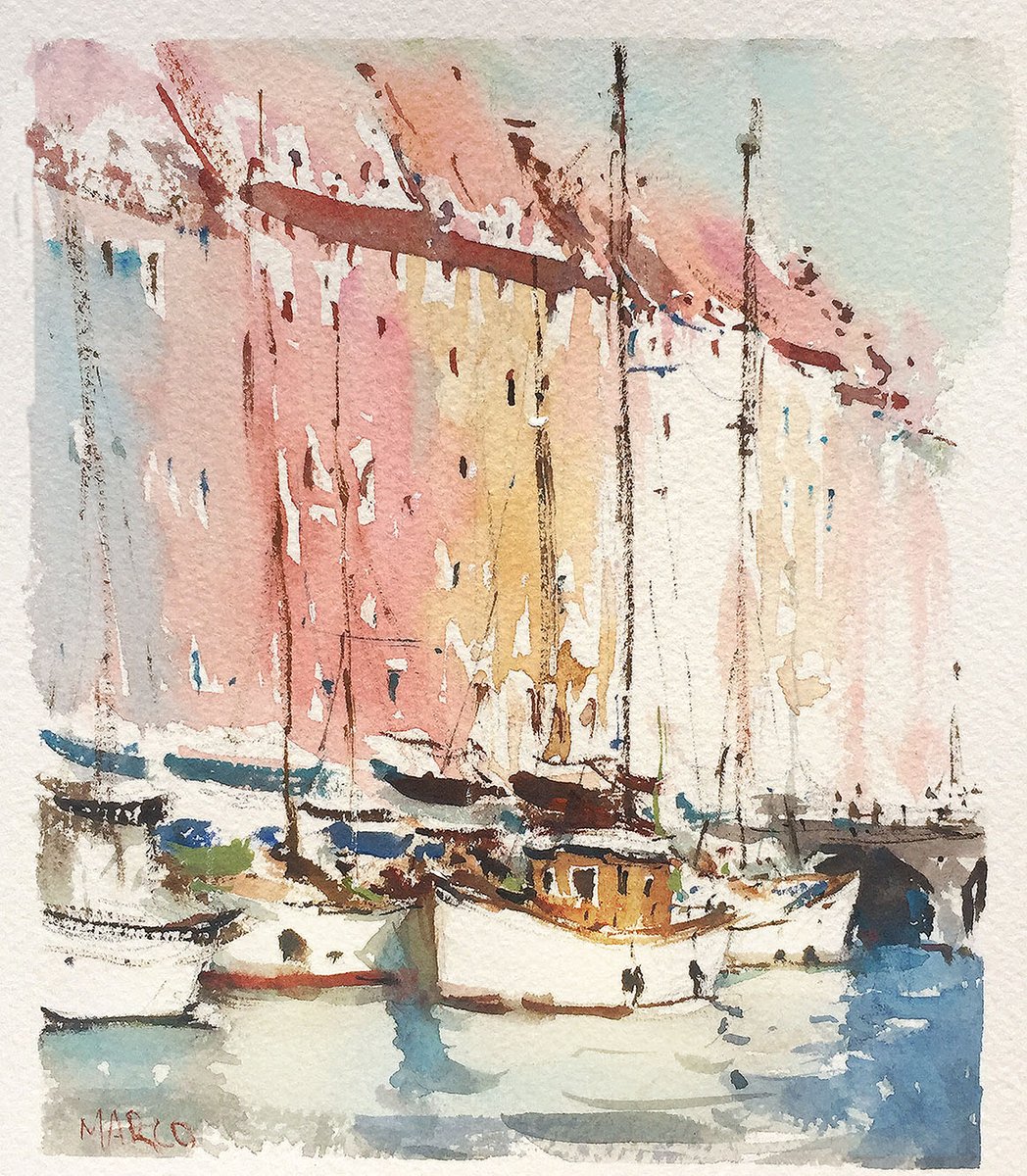 Boats in Copenhagen, watercolor.
