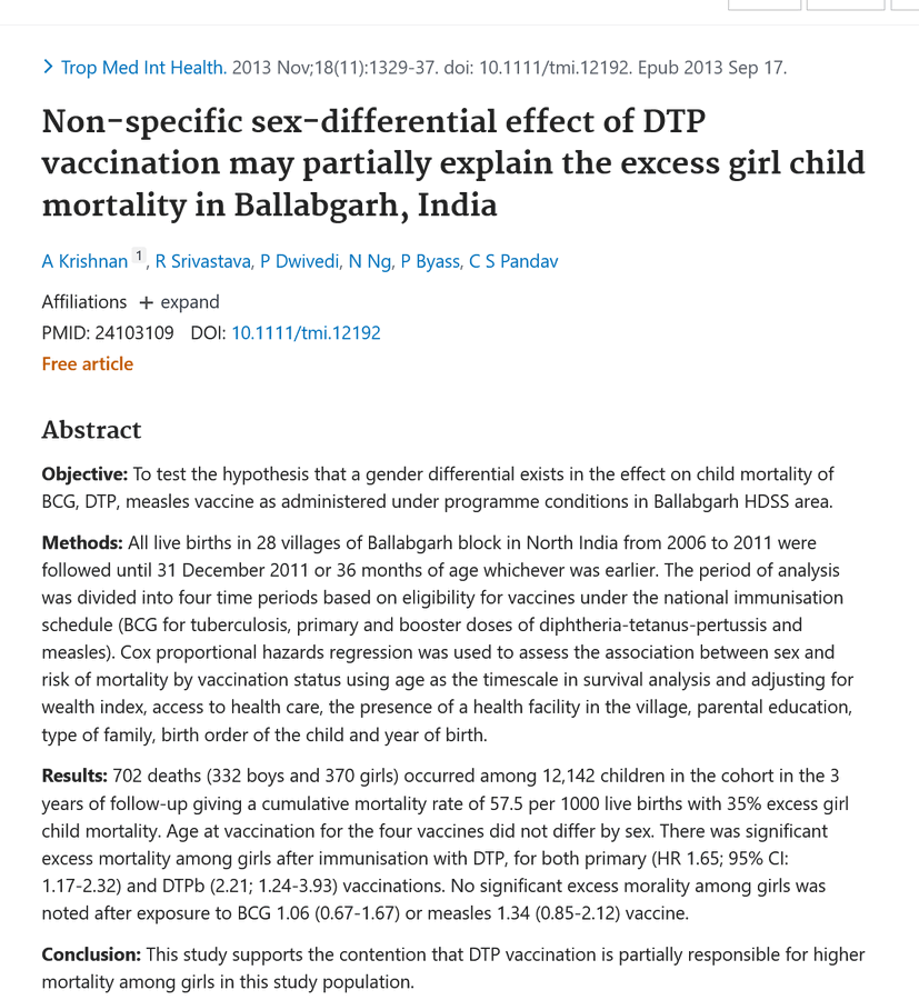 @toobaffled Girls who are given the DTP vxxine have much higher deaths from unknown non-specific causes. This is shown in multiple studies including one from India