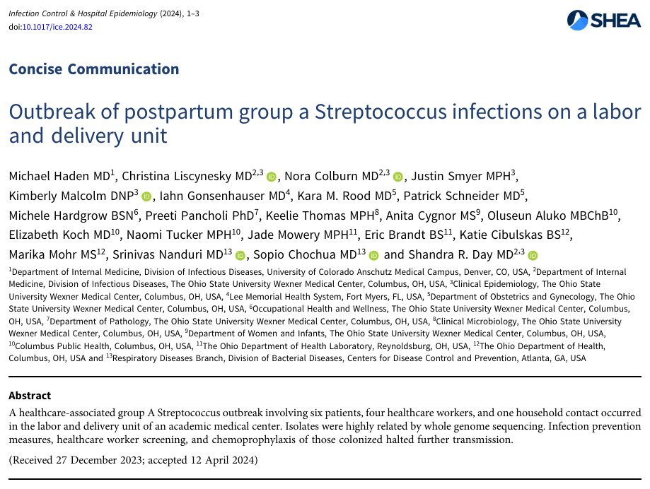 New from @ShandraDayMD, @liscynesky, @NoraColburn, @JustinSmyer, @OhioState_ID Authors describe a post-partum GAS outbreak investigation done in collaboration with local and state public health and CDC 📄: doi.org/10.1017/ice.20…