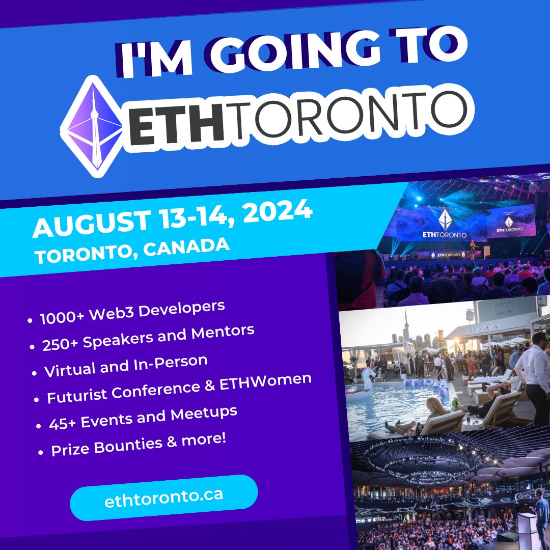 Im new to the city and super excited to attend @ETH_Toronto Hackathon! Looking forward to seeing everyone in person this August 13-14, 2024 in combination with @Futurist_conf and @Ethereum_Women 📷 Can’t wait to #BUIDL the future this summer - hope to see you there!”