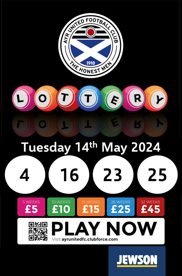 🤞Lottery Result🤞 Today's lucky numbers. Stephen Corrie was our weekly £50 winner. No jackpot winner, it rises to £9,500. Join the lottery today and support the club⬇️ ayrunitedfc.clubforce.com #WeAreUnited