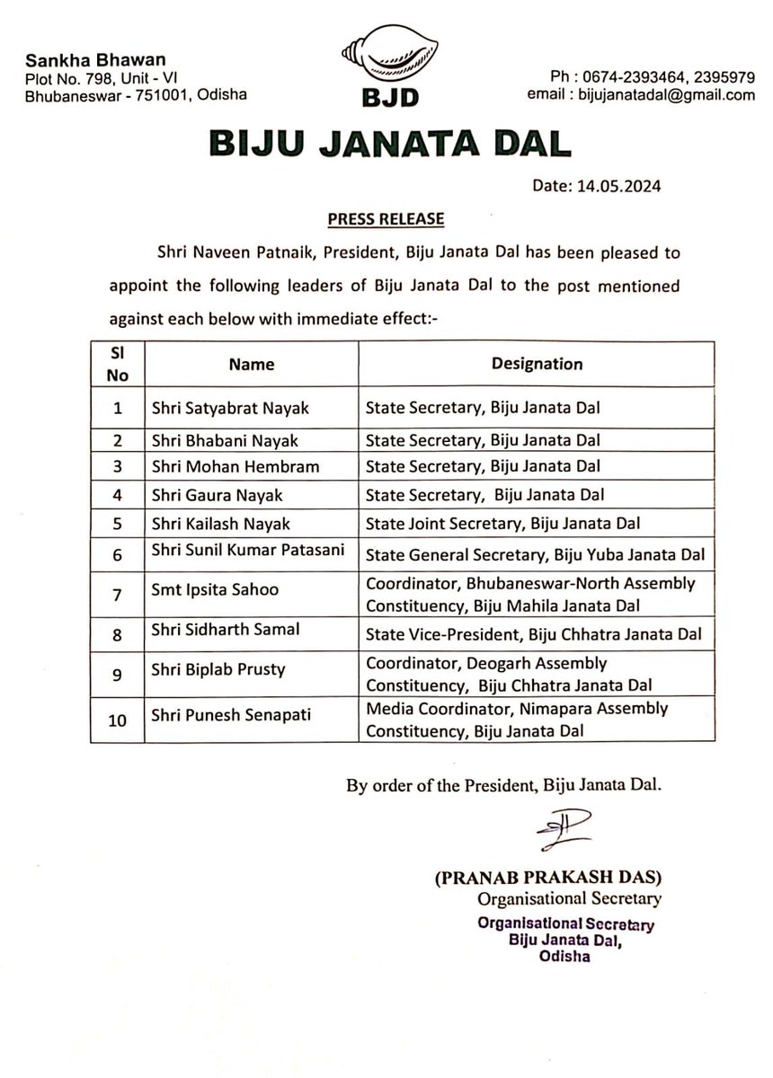 Party President and CM Shri @Naveen_Odisha has appointed new office bearers to Biju Janata Dal, @odishabcjd, @BMJD_Odisha and @BYJD_Odisha with immediate effect. #BJDWithOdisha