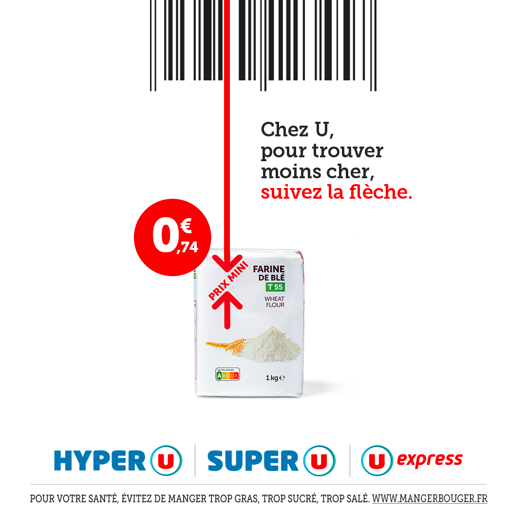 Retrouvez 300 produits PRIX MINI en exclusivité dans vos Hyper U, Super U et U Express, comme par exemple la farine de blé T55 PRIX MINI à 0,74€ le sac de 1 kg. #prixmini #pouvoirdachat #coursesu #pascher