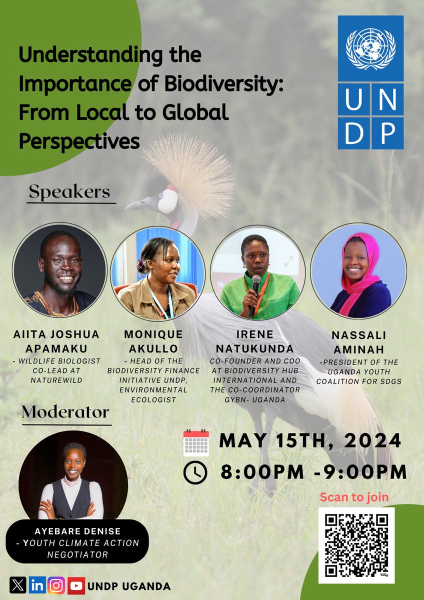 In the lead-up to #BiodiversityDay, join @UNDP and Uganda's youth biodiversity champions for a public dialogue on 𝐔𝐧𝐝𝐞𝐫𝐬𝐭𝐚𝐧𝐝𝐢𝐧𝐠 𝐭𝐡𝐞 𝐈𝐦𝐩𝐨𝐫𝐭𝐚𝐧𝐜𝐞 𝐨𝐟 𝐁𝐢𝐨𝐝𝐢𝐯𝐞𝐫𝐬𝐢𝐭𝐲 🌍

🗓️ 15 May
🕗 8:00pm EAT
🔗 bit.ly/BiodiversityDa…