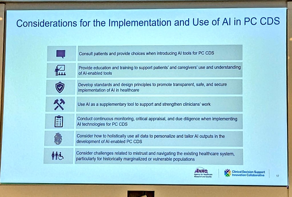 @ImpSciNORC .@jsancker presents considerations for use of #AI in #pccds based on discussions with patient & caregivers, addressing a fundamental need to understand patient perspectives on this topic. Sign up here to receive the full report once it's published: CDSiC.ahrq.gov/cdsic/contact-… #CDSiC
