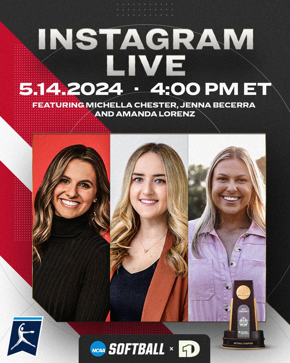 Instagram Live Tournament Preview 🚨 Join us on our Instagram page at 4 PM ET today as @JennaBecerra01 and @amandalorenz18 of @D1Softball will join @michellachester to discuss the upcoming Tournament. #RoadToWCWS