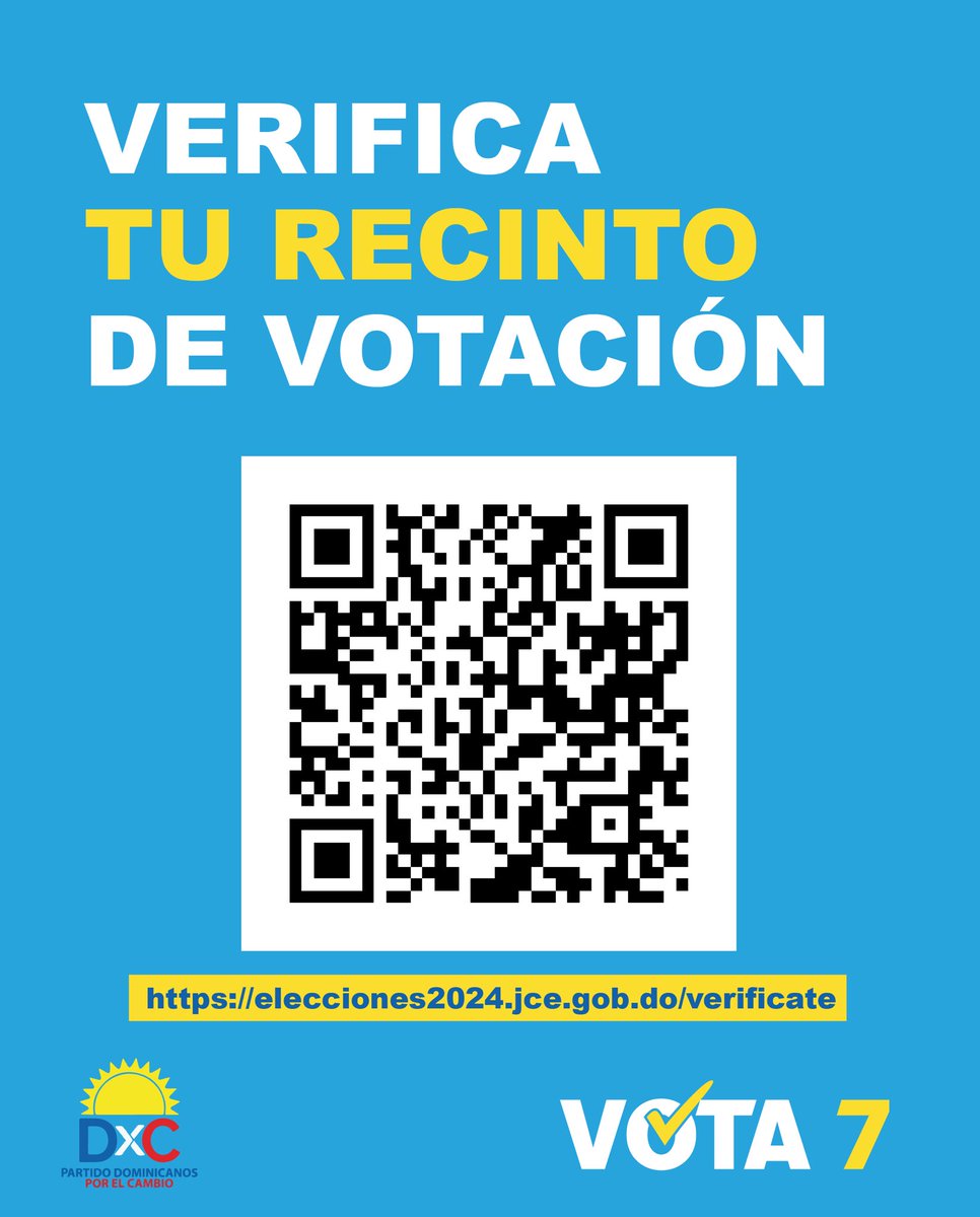 partidodxc's tweet photo. ✅Este 19 de mayo en tus tres boletas busca la casilla 7️⃣ del Partido Dominicanos por el Cambio (DxC) y vota por tus candidatos. 🙌🏼‼️

#PartidoDxC
#Luis4+
#EduardoEstrella
#Vota7
#DxCAvanza
#dxcsaleparatodos https://t.co/AGwV9bgjVf