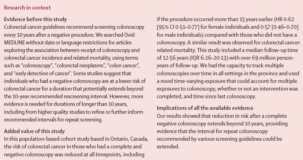 New research - Ruco et al - Duration of risk reduction in colorectal cancer incidence and mortality after a complete colonoscopy in Ontario, Canada: a population-based cohort study thelancet.com/journals/langa… #GITwitter #CRCSM #ColorectalCancer @enenbee @pinko_lino