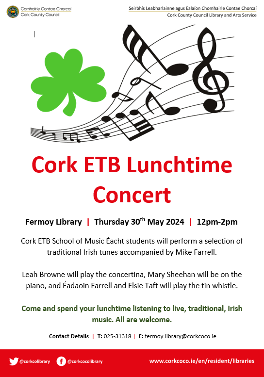 Cork County Council Library & Arts Service (@corkcolibrary) on Twitter photo Do you enjoy traditional Irish music? The Cork ETB School of Music will be performing a lunchtime concert filled with Irish tunes at #Fermoylibrary on 30th May from 12pm-2pm. All are welcome to attend 😊
<a href="/CorkETB/">CorkETB🇮🇪🇪🇺</a> <a href="/cetbsm/">@cetbsm</a> #CETBSM <a href="/FermoyForum/">Fermoy Forum</a> Do you enjoy traditional Irish music? The Cork ETB School of Music will be performing a lunchtime concert filled with Irish tunes at #Fermoylibrary on 30th May from 12pm-2pm. All are welcome to attend 😊
<a href="/CorkETB/">CorkETB🇮🇪🇪🇺</a> <a href="/cetbsm/">@cetbsm</a> #CETBSM <a href="/FermoyForum/">Fermoy Forum</a>