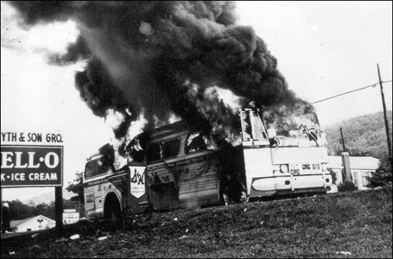 #OnThisDay in 1961, a group of Freedom Riders traveling by bus from Washington, D.C., to New Orleans arrived in Anniston, Alabama. A mob of white men led by a Klansman attacked the bus with baseball bats and iron pipes. They also slashed the tires. After the attack ended, the