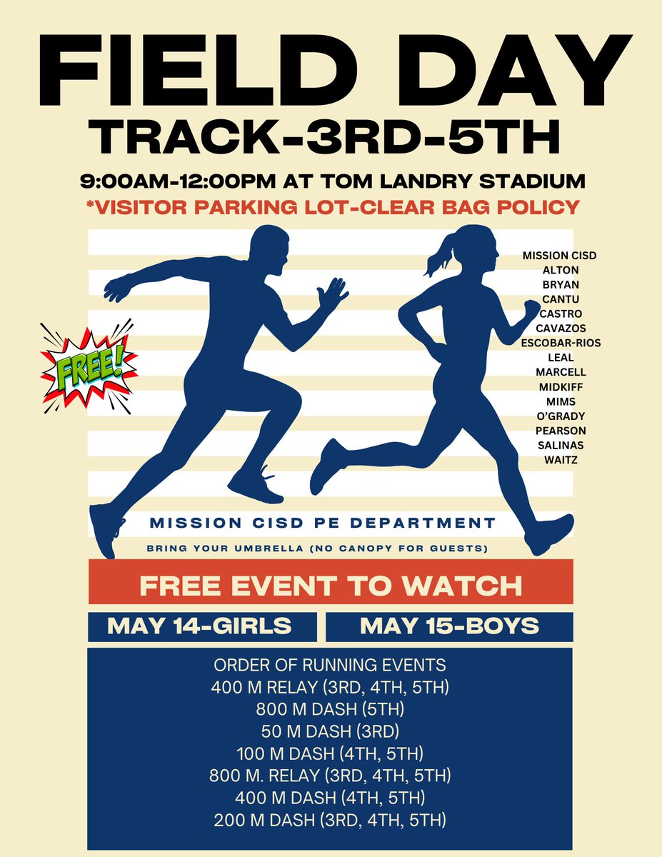 Join us for our Track Field Day on May 14th & 15th, from 9:00 a.m. - 12:00 p.m. at Tom Landry Stadium! It's FREE! Thanks to the Mission CISD P.E. Department for hosting this awesome event! See you at the starting line! 🏃‍♂️🏃‍♀️