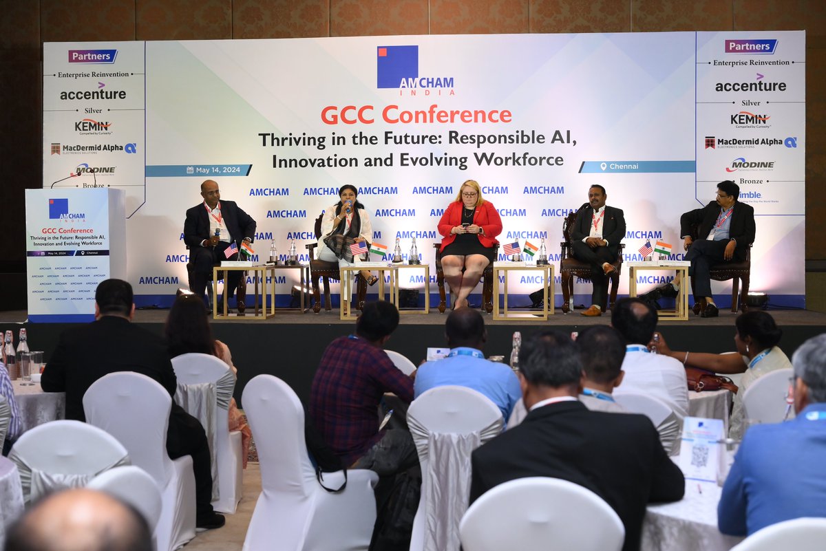 Session on 'Future of Work and Rise of AI' at AMCHAM's GCC summit with Ms. Carey Arun, @USCSIndia, @USAndChennai, Dr. Kiranmai Dutt Pendyala @UPS ,Mr. V.S. Sridhar @CushWake, Mr. Chandrasekaran Sundaresan @USTglobal & Mr. Jaikumar Subramanian, @DeloitteIndia.