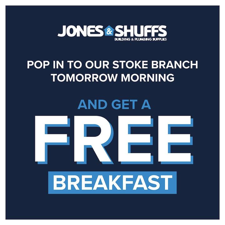 Don't forget tomorrow we have our trade breakfast morning with @JGSpeedfit Jones & Shuffs Stoke Branch, 7.30am – 11.30am come along for a free breakfast butty and check out the latest products on offer from Speedfit.

#plumbers #trademornings #freebreakfast